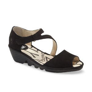 FLY London Pona Peep Toe Suede Wedge Sandals in Black Size 37 6.5